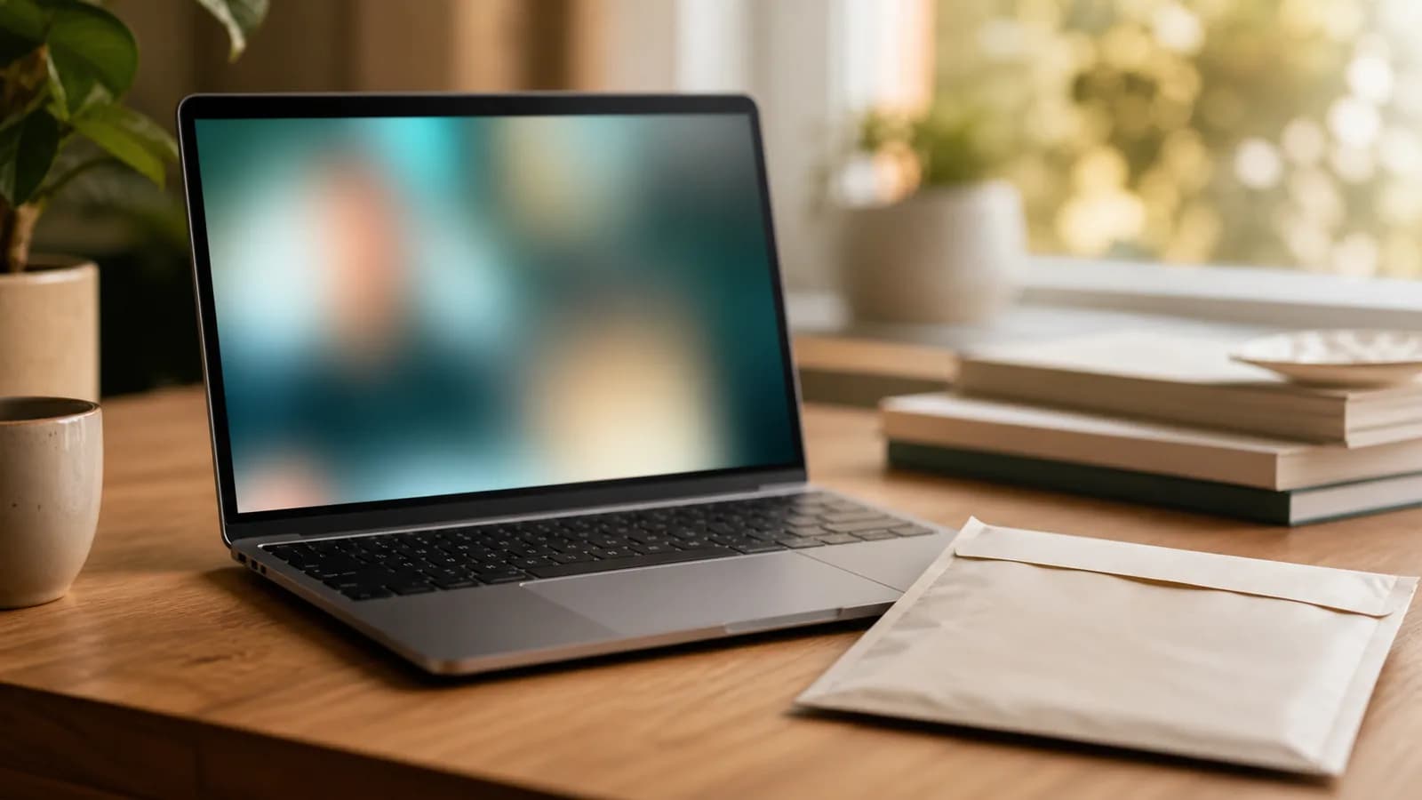 Notebook en un escritorio cálido preparada para una consulta virtual privada