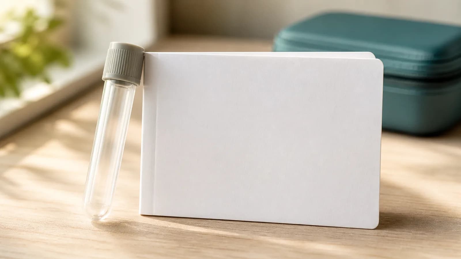 Tubo de muestra vacío y carnet en blanco como símbolos de evaluación y vacunación