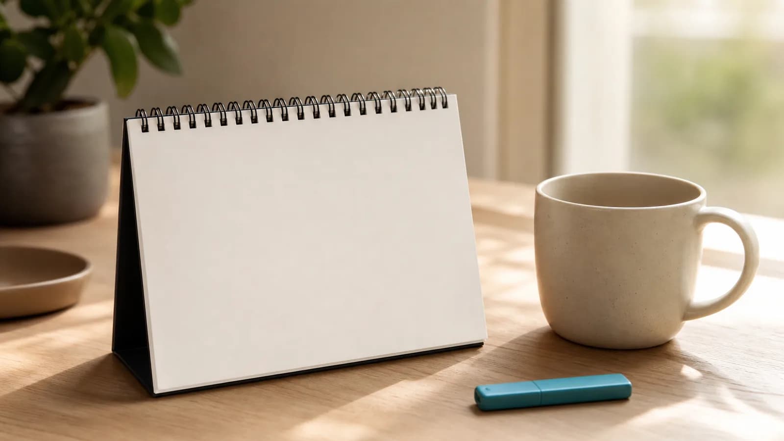 Calendario en blanco y taza sobre una mesa cálida como símbolo de cuidado en el tiempo